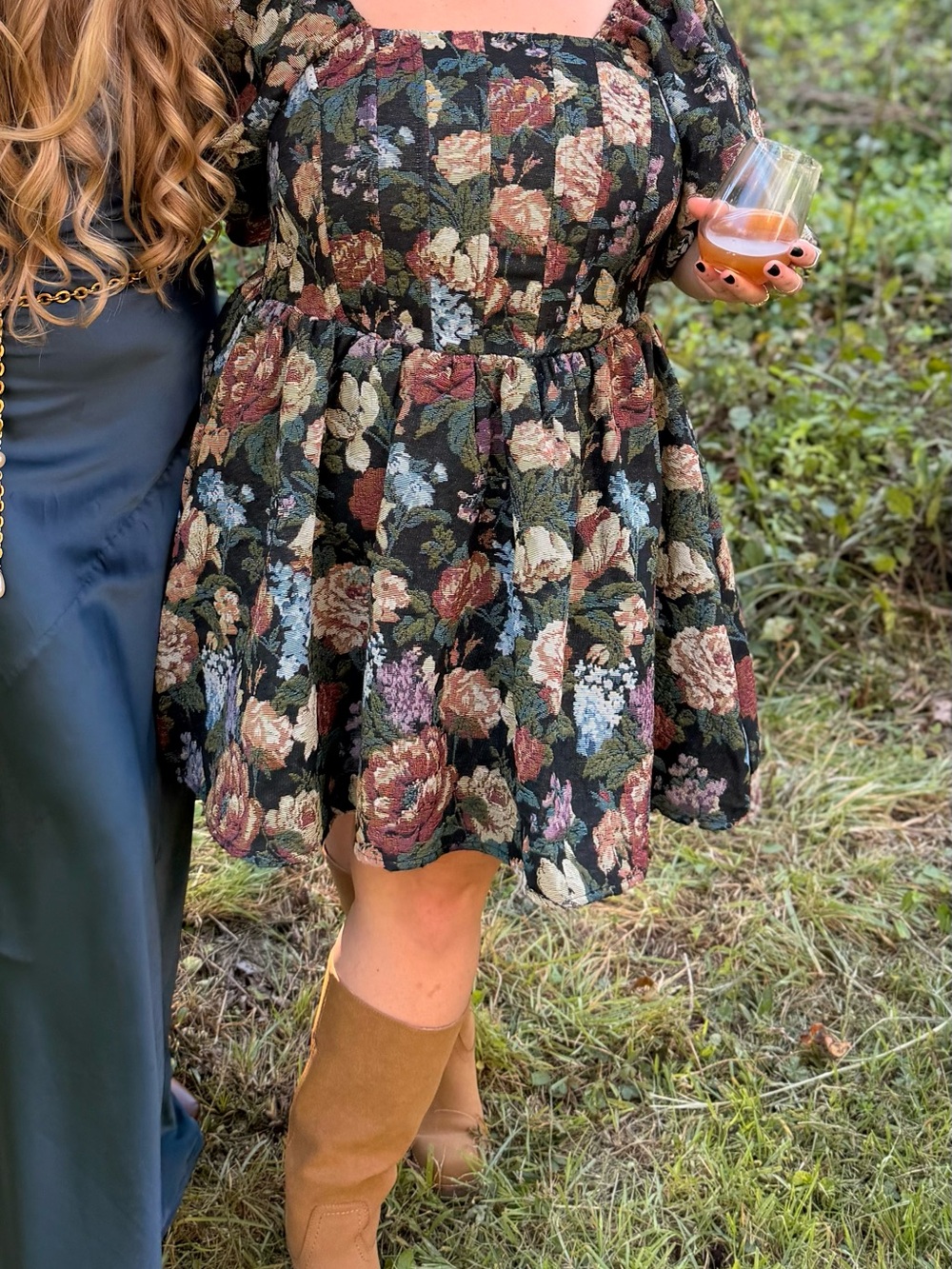 bohme Floral Mini Dress in Black with Green, Mauve, and Cream Flowers